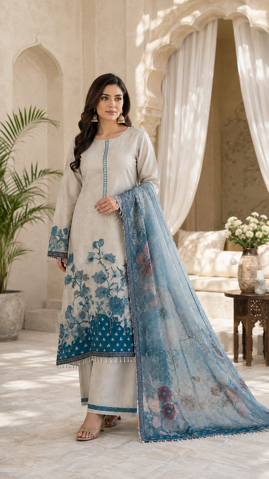 Glass digital with pearls and siroski work unstitched suit