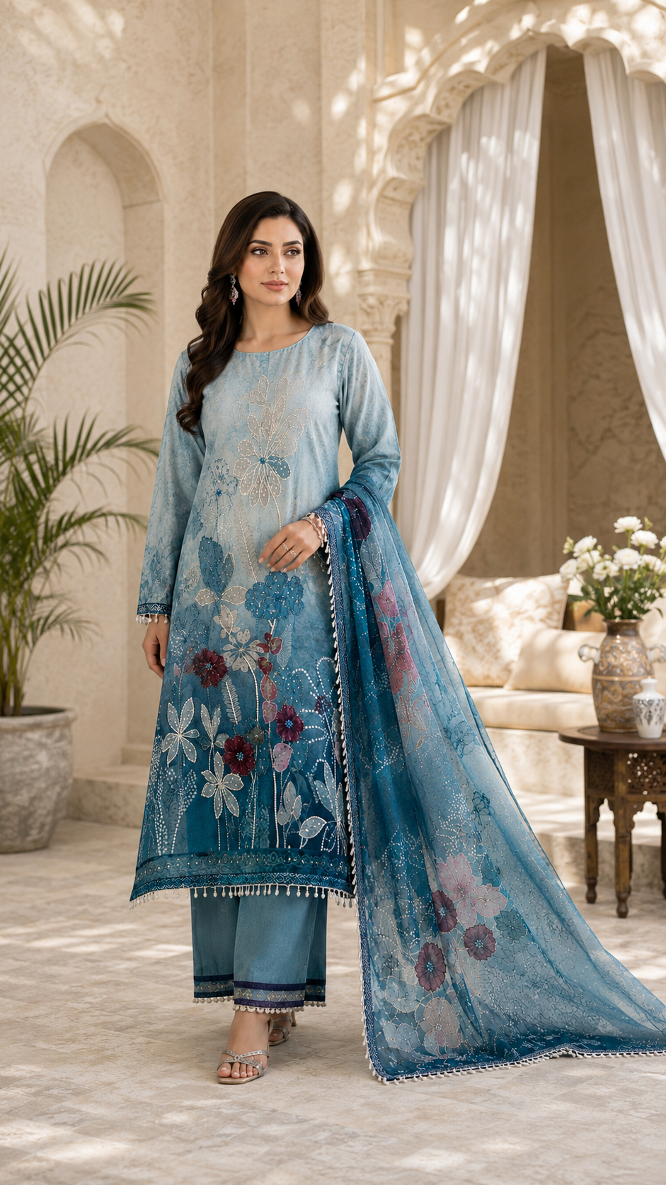 Glass digital with pearls and siroski work unstitched suit
