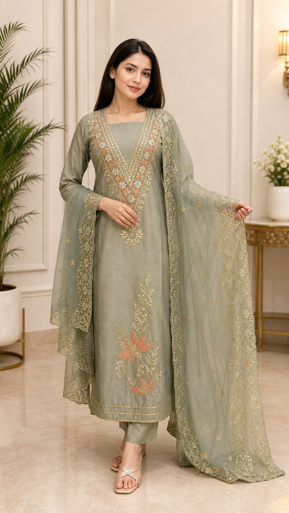 Shimmer Gota Work V neck Unstitched Suit