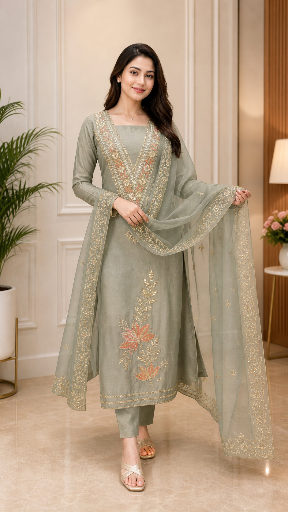 Shimmer Gota Work V neck Unstitched Suit