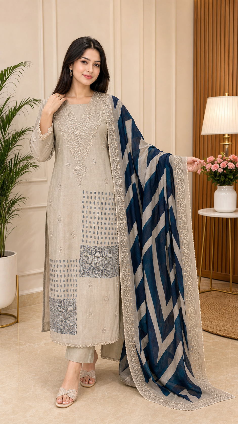 Pure Muslin V neck beads work Unstitched Suit