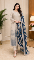 Pure Muslin V neck beads work Unstitched Suit