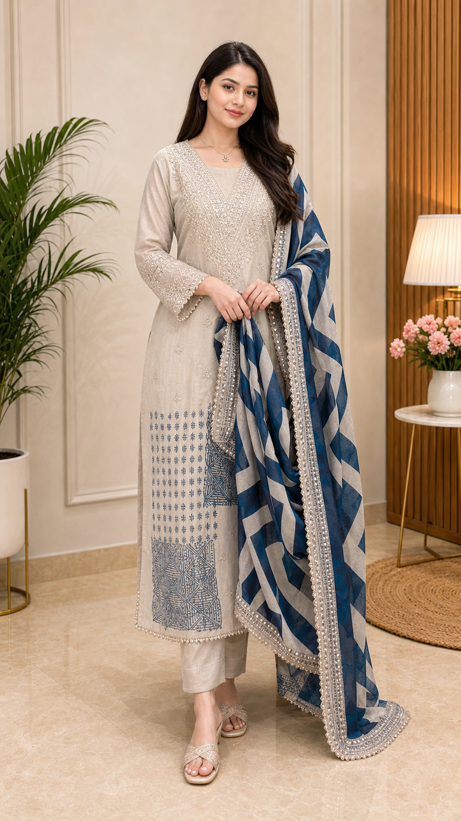 Pure Muslin V neck beads work Unstitched Suit