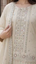 Pure shimmer jequard top with handwork with mirror unstitched suit