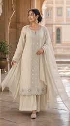 Pure shimmer jequard top with handwork with mirror unstitched suit
