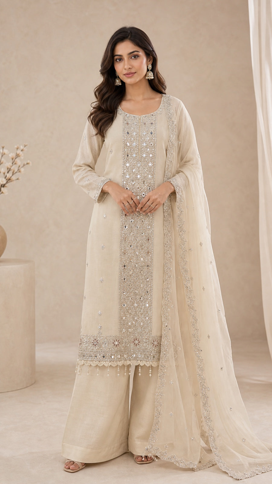 Pure shimmer jequard top with handwork with mirror unstitched suit