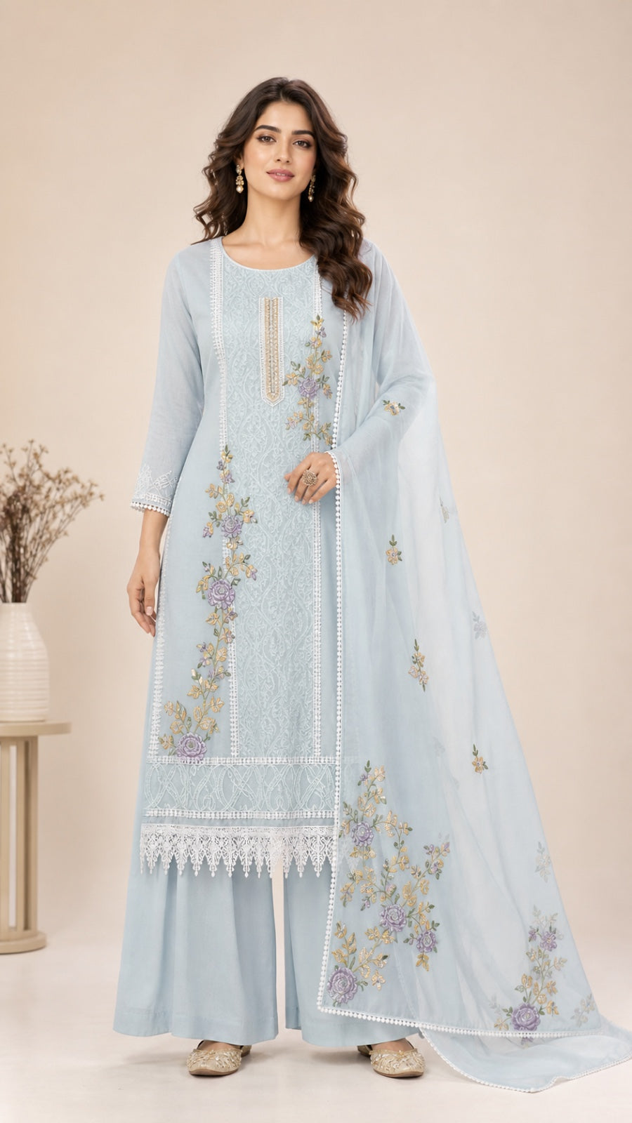 Cotton imported laces with cutwork dupatta unstitched suit