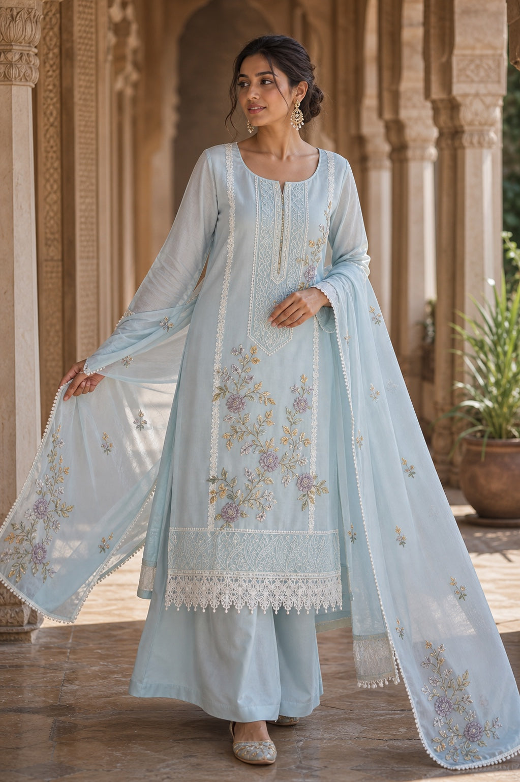 Cotton imported laces with cutwork dupatta unstitched suit