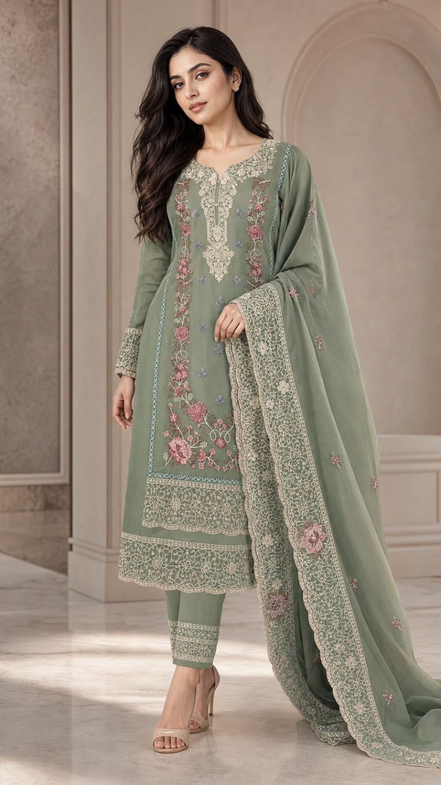 Unstitched organza pakistani suit with bottom work