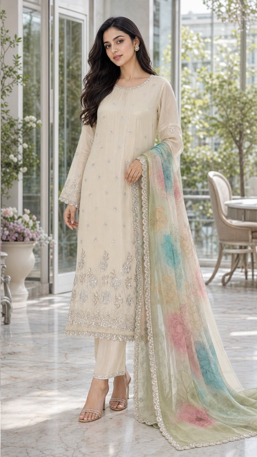 Pure shimmer unstitched designer beads suit with digital dupatta