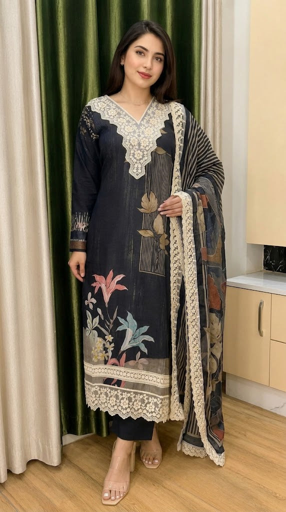 Iceberg Muslin Pakistani with gpolace Karachi Unstitched suit