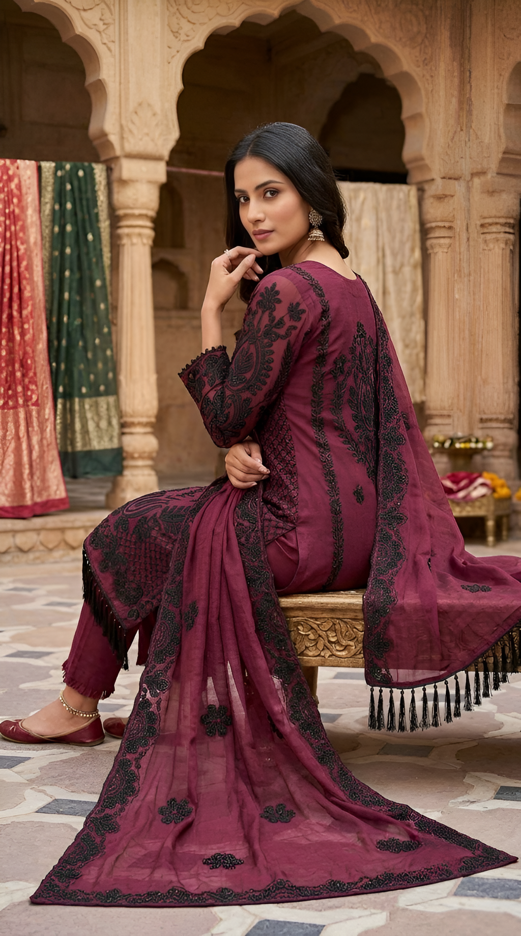 Pure organza black beads work unstitched suit