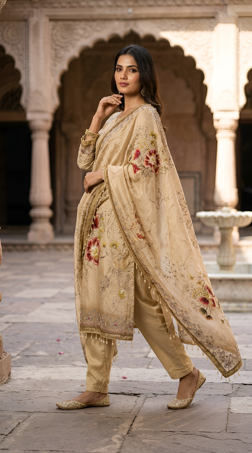 Glass digital with pearls and siroski work unstitched suit