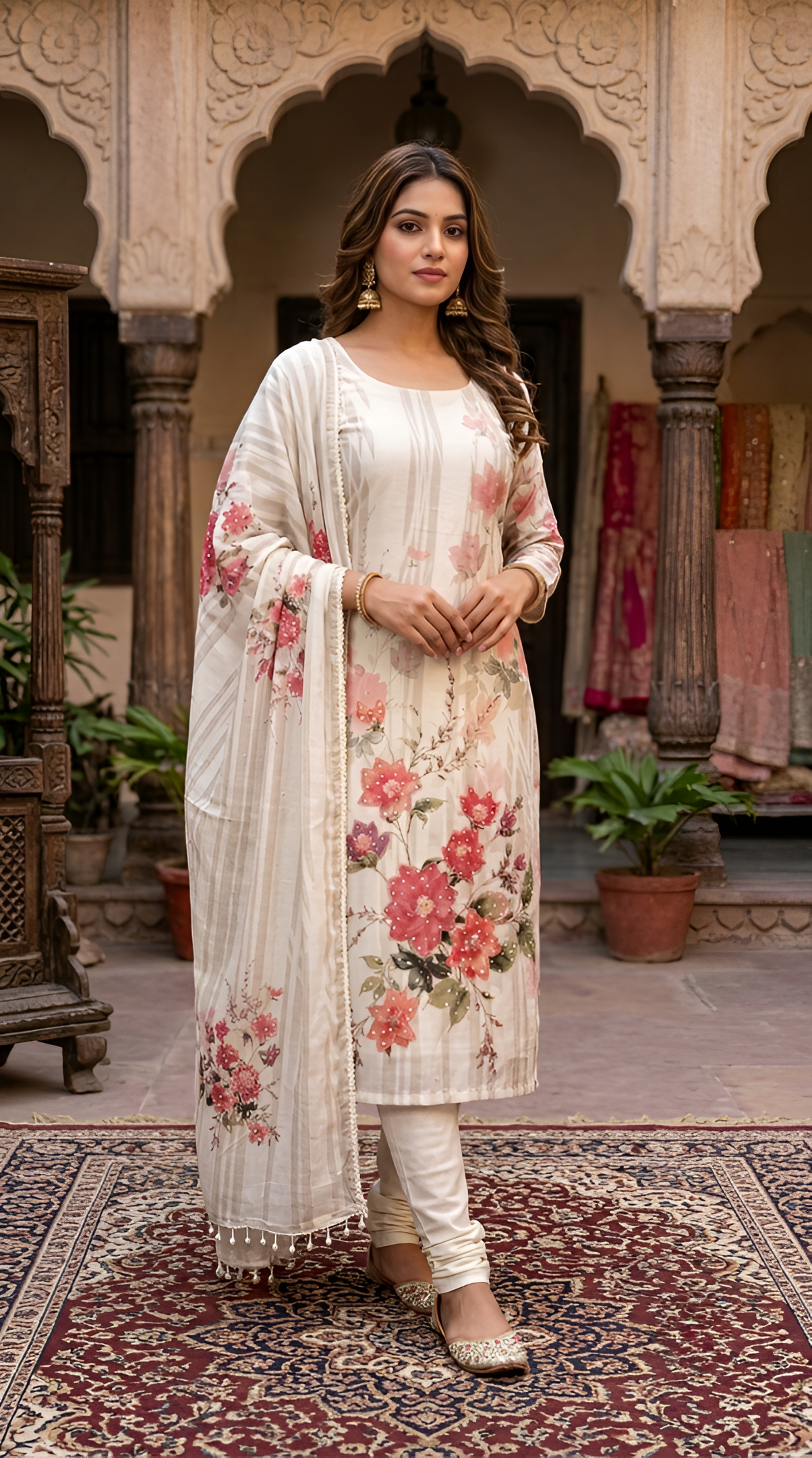 Glass digital with pearls and siroski work unstitched suit