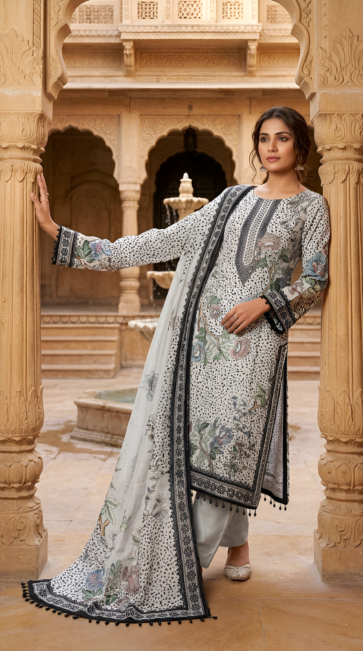 Glass digital with pearls and siroski work unstitched suit