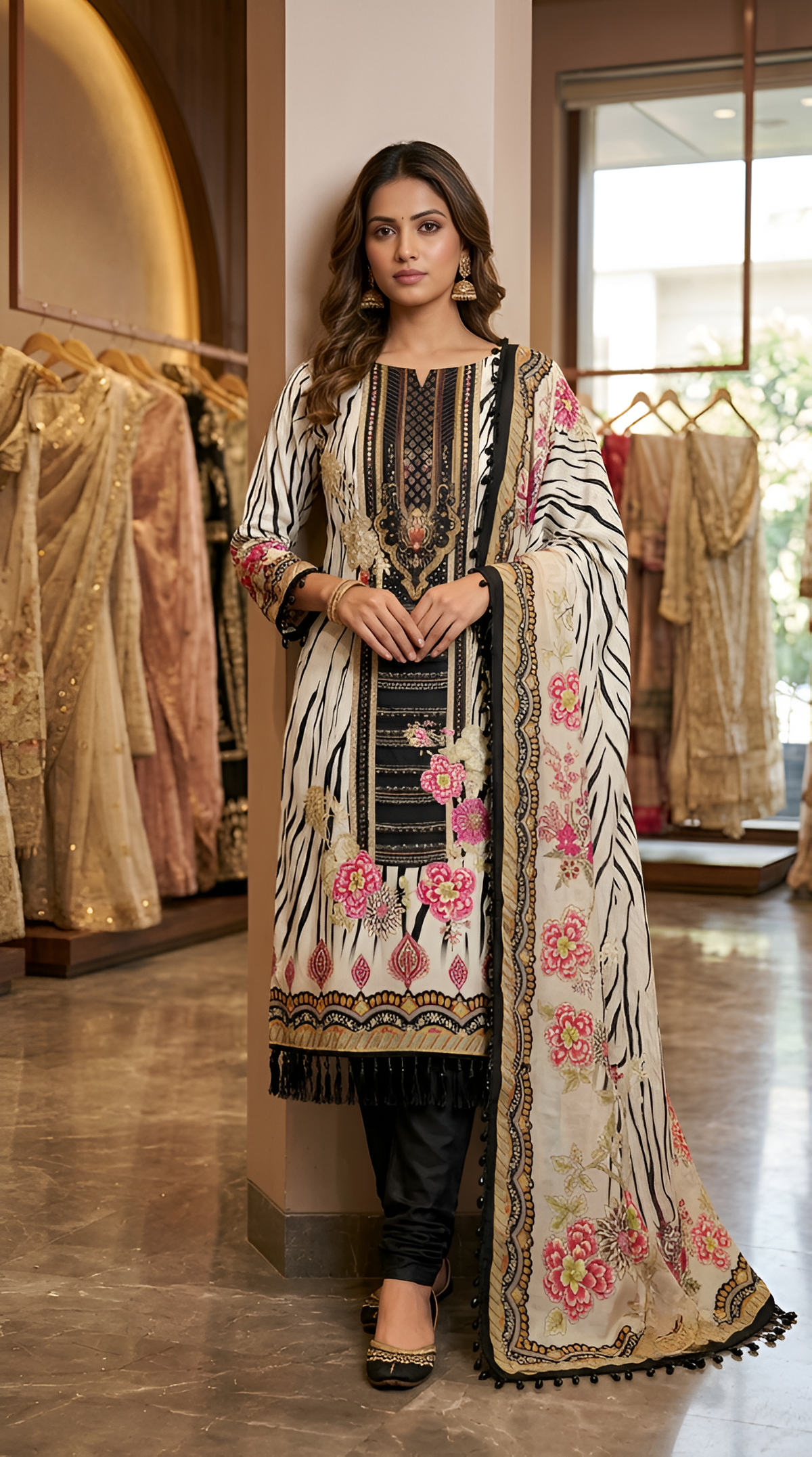 Glass digital with pearls and siroski work unstitched suit