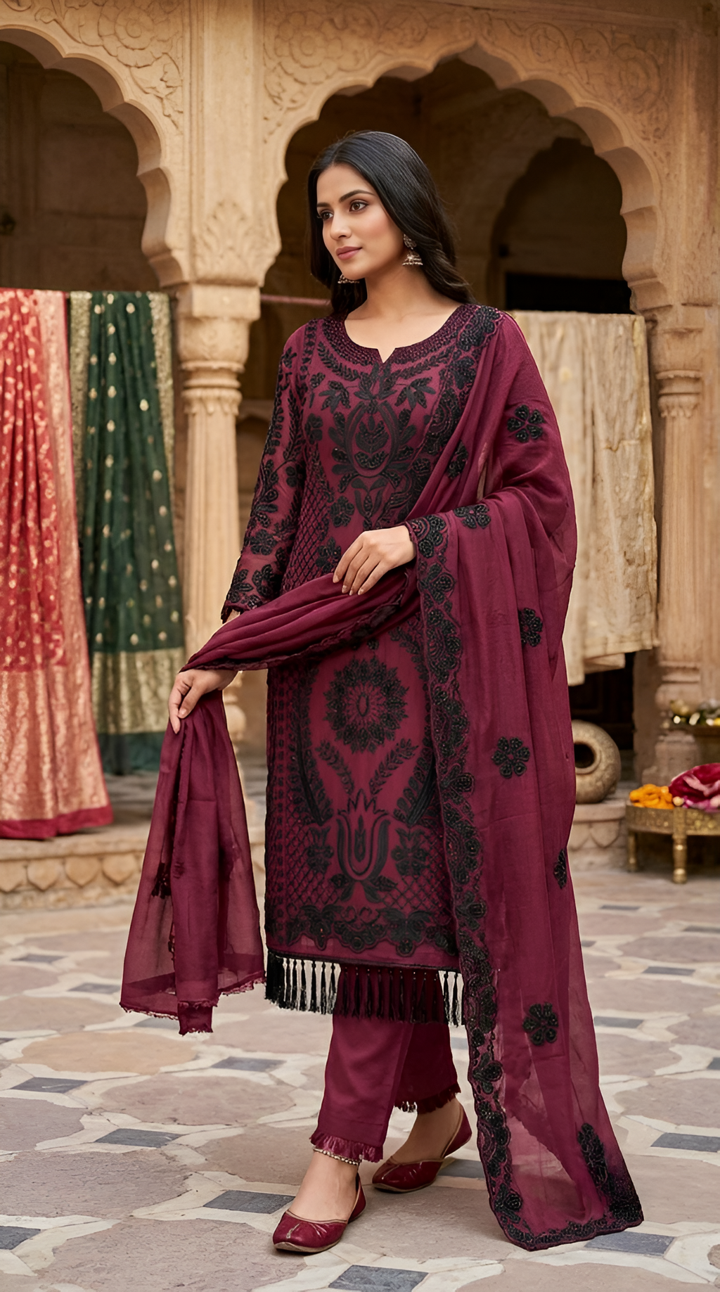 Pure organza black beads work unstitched suit
